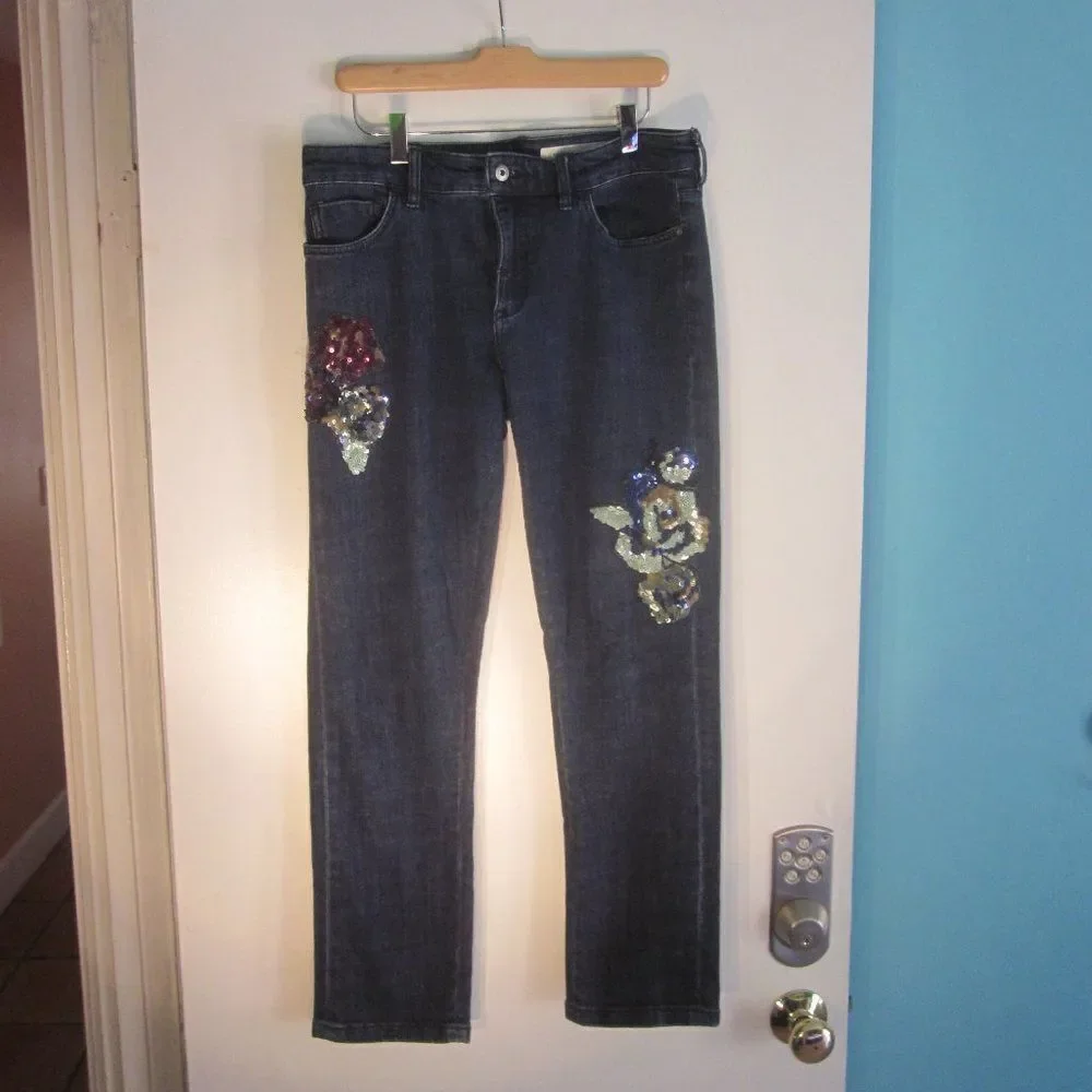 Anthropologie Pilcro Floral Sequin BOHO Slim Boyfriend Jeans Blue Denim Size 28